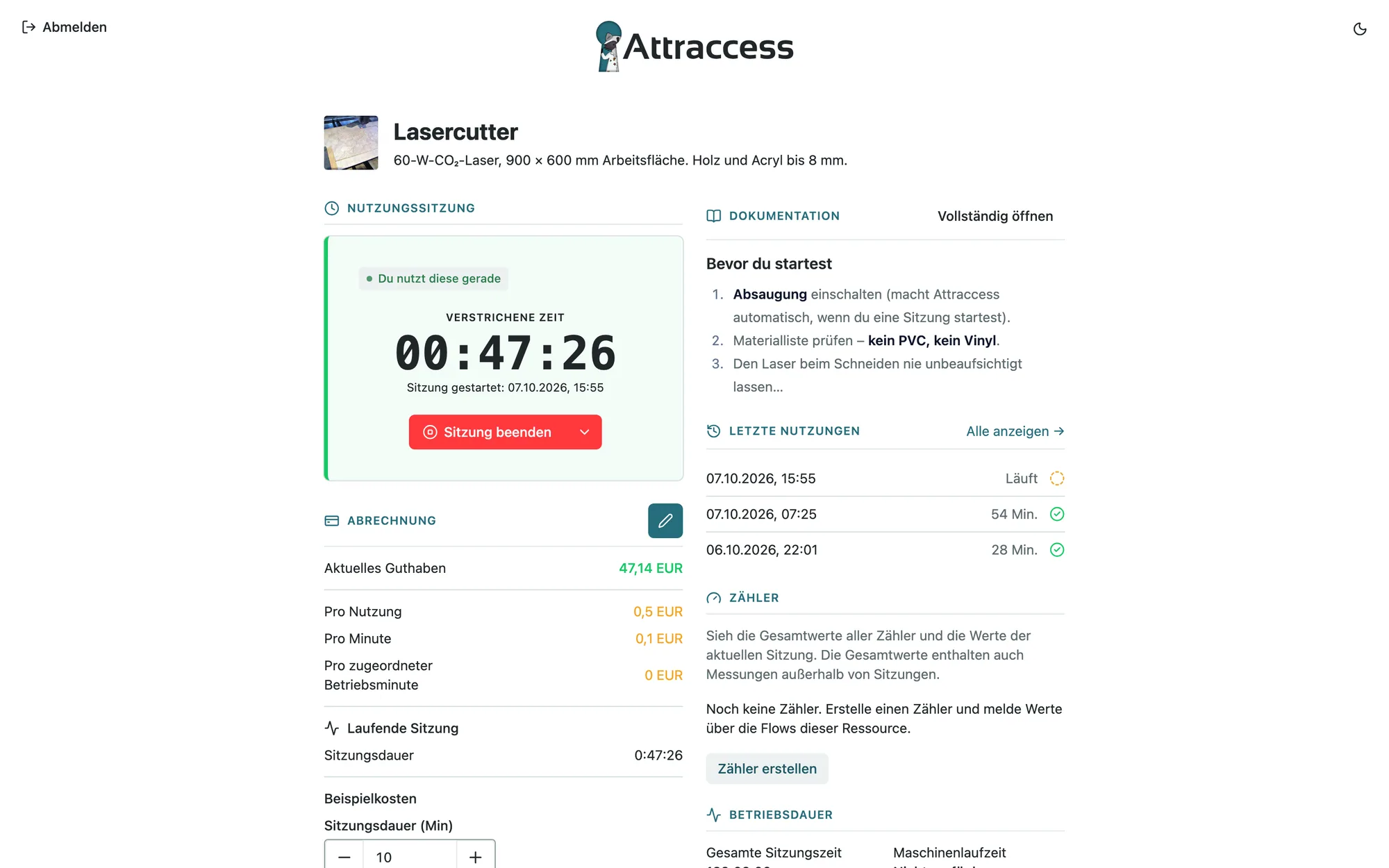 Kiosk-Ansicht des Lasercutters