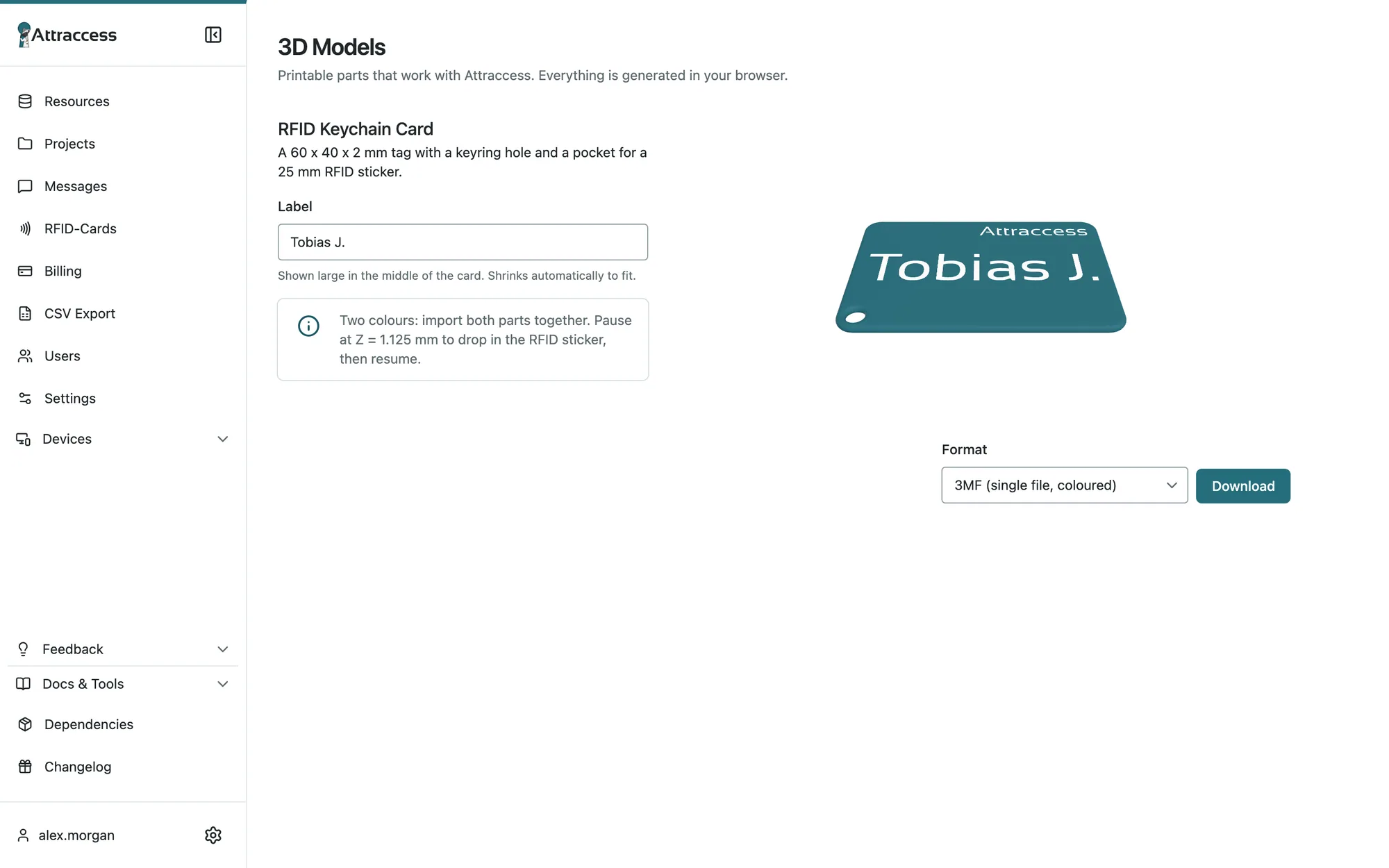 The 3D printable keychain card generator in Attraccess